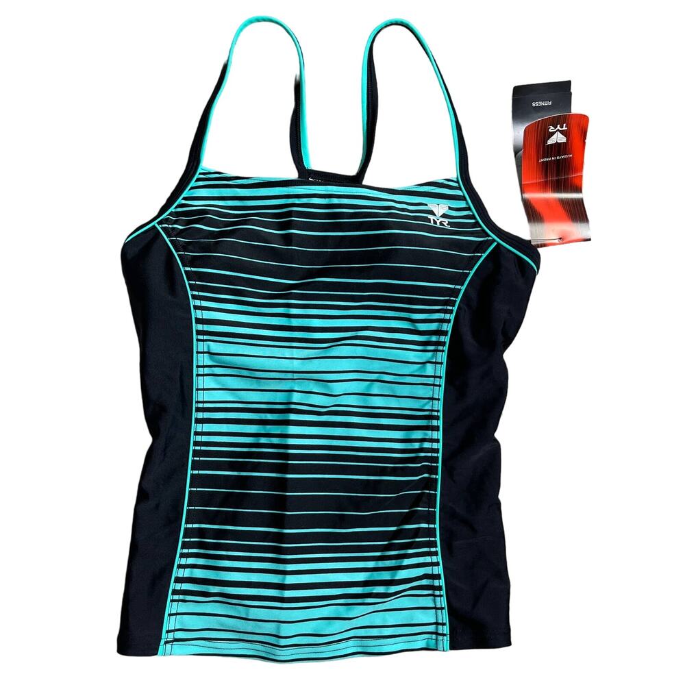 TYR Fitness Stripe High Back Tankini Top - Jade Black - Size 8 - Made in Italy